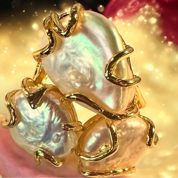 NEW Natural Freshwater Pearl GoldPlated Abstract Wrapped Adjustable Trilogy Ring - Picture 10 of 16